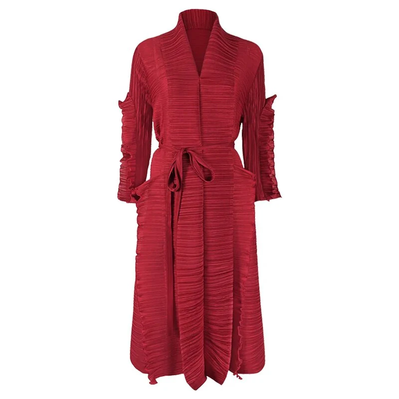 Miyake Pleated Petal Sleeve Dress Lapel Cardigan Sashes High Fashion Loose Long Dresses Fall 2022 Winter Women Designer Clothes - Image 15
