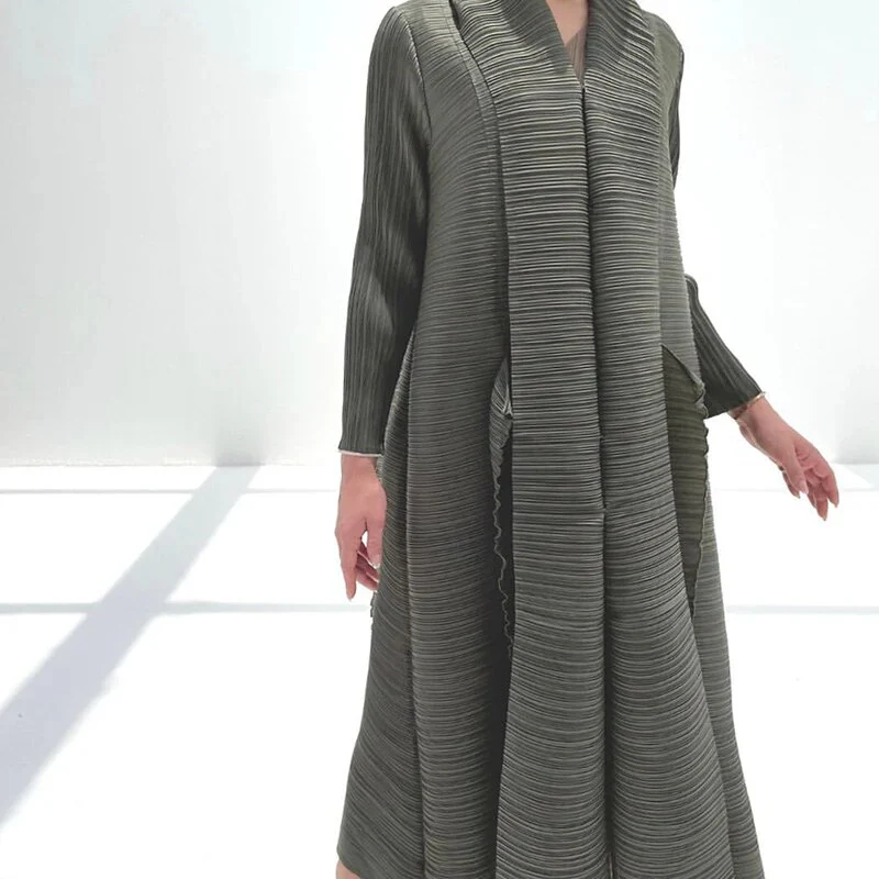 Miyake Pleated Petal Sleeve Dress Lapel Cardigan Sashes High Fashion Loose Long Dresses Fall 2022 Winter Women Designer Clothes - Image 16