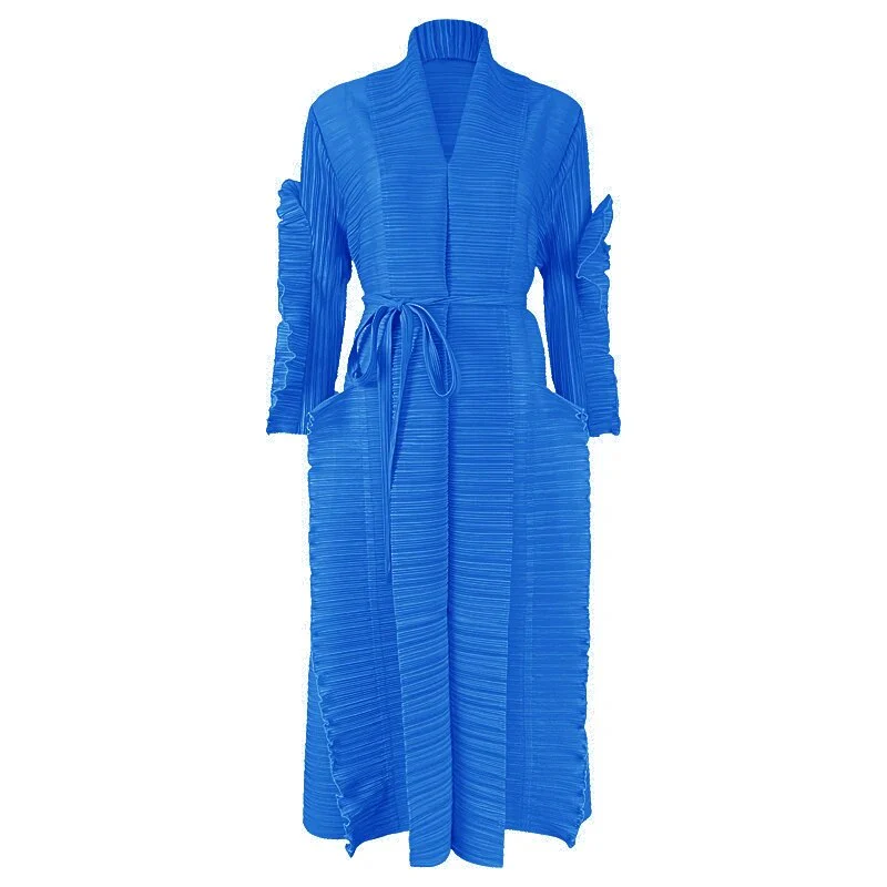 Miyake Pleated Petal Sleeve Dress Lapel Cardigan Sashes High Fashion Loose Long Dresses Fall 2022 Winter Women Designer Clothes - Image 17