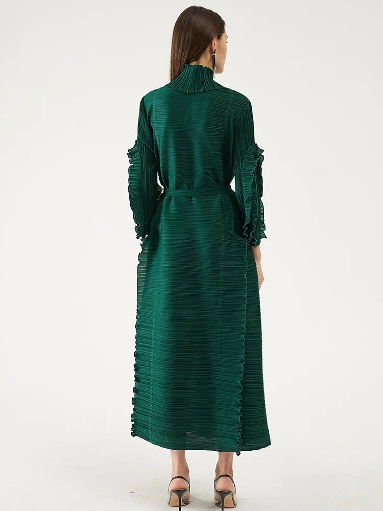 Miyake Pleated Petal Sleeve Dress Lapel Cardigan Sashes High Fashion Loose Long Dresses Fall 2022 Winter Women Designer Clothes - Image 2