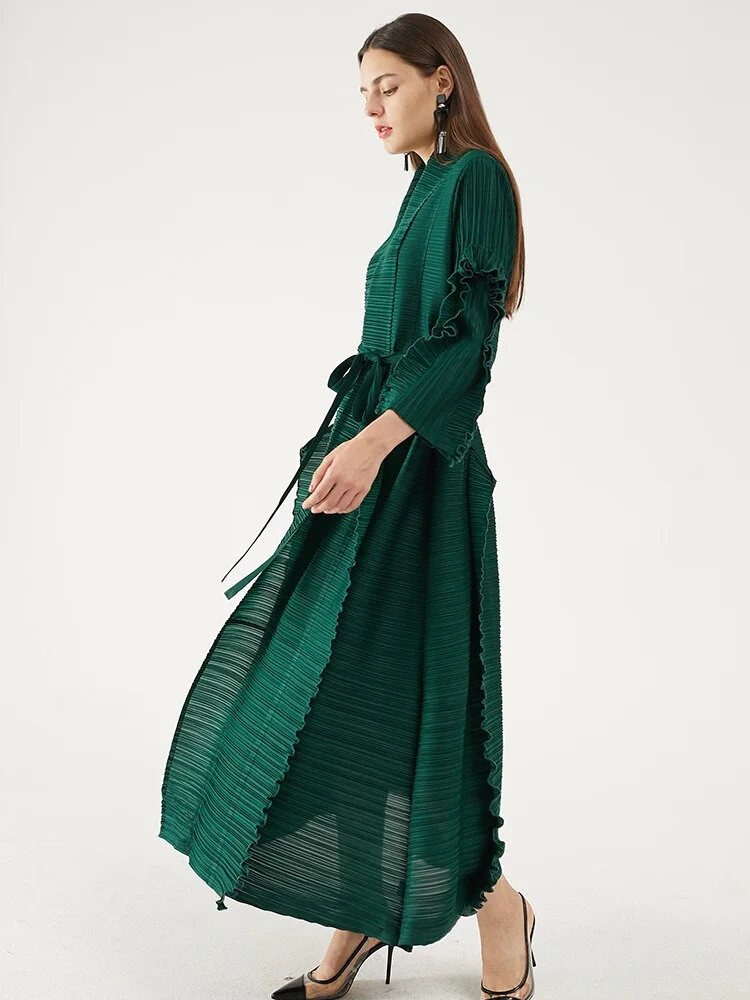 Miyake Pleated Petal Sleeve Dress Lapel Cardigan Sashes High Fashion Loose Long Dresses Fall 2022 Winter Women Designer Clothes - Image 3