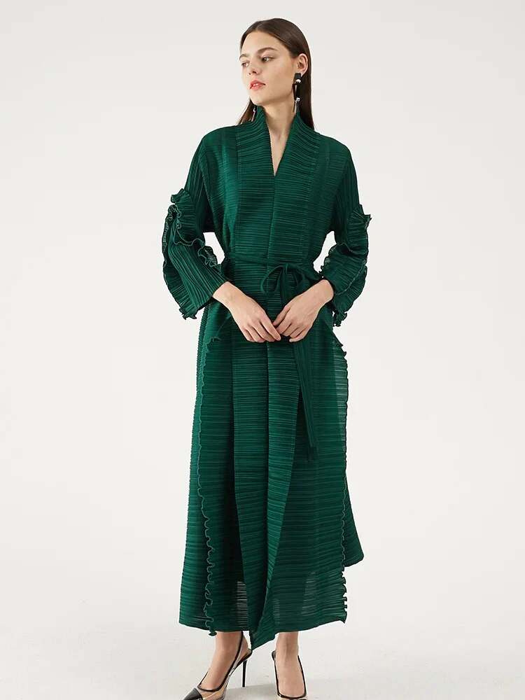 Miyake Pleated Petal Sleeve Dress Lapel Cardigan Sashes High Fashion Loose Long Dresses Fall 2022 Winter Women Designer Clothes - Image 4