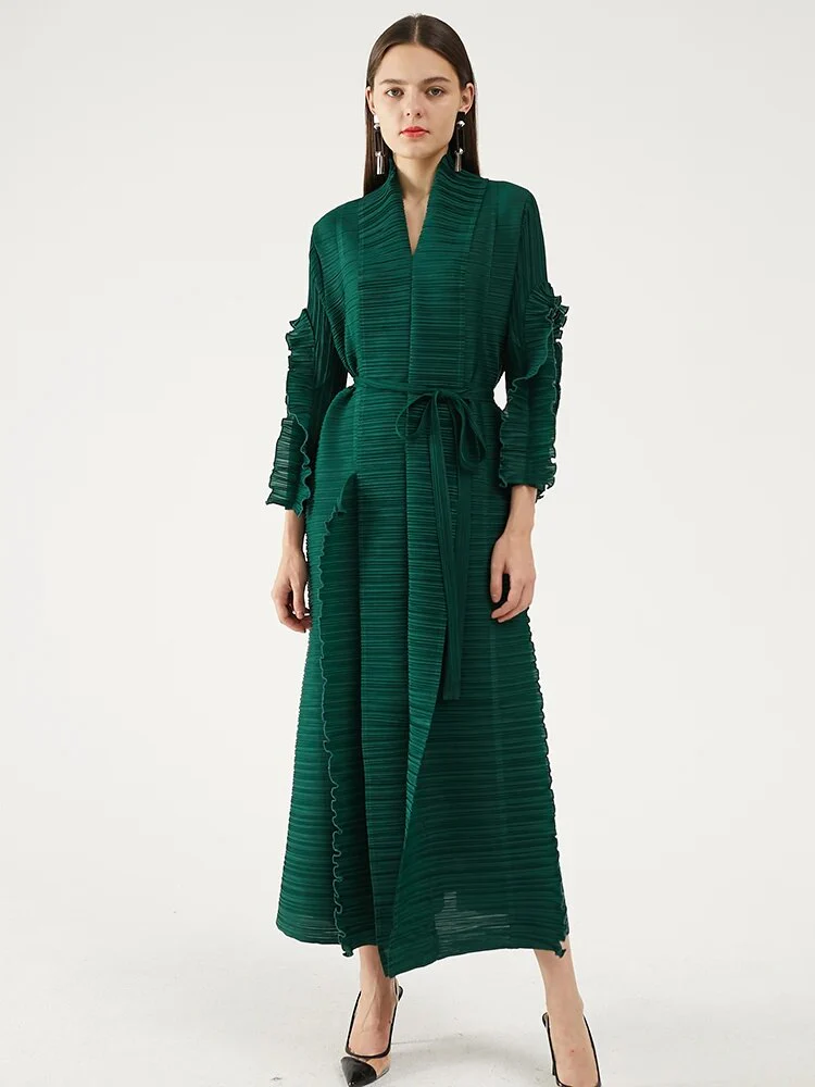 Miyake Pleated Petal Sleeve Dress Lapel Cardigan Sashes High Fashion Loose Long Dresses Fall 2022 Winter Women Designer Clothes - Image 5