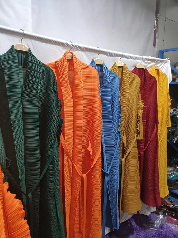 Miyake Pleated Petal Sleeve Dress Lapel Cardigan Sashes High Fashion Loose Long Dresses Fall 2022 Winter Women Designer Clothes - Image 6