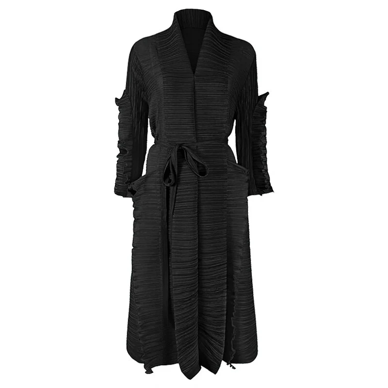 Miyake Pleated Petal Sleeve Dress Lapel Cardigan Sashes High Fashion Loose Long Dresses Fall 2022 Winter Women Designer Clothes - Image 7
