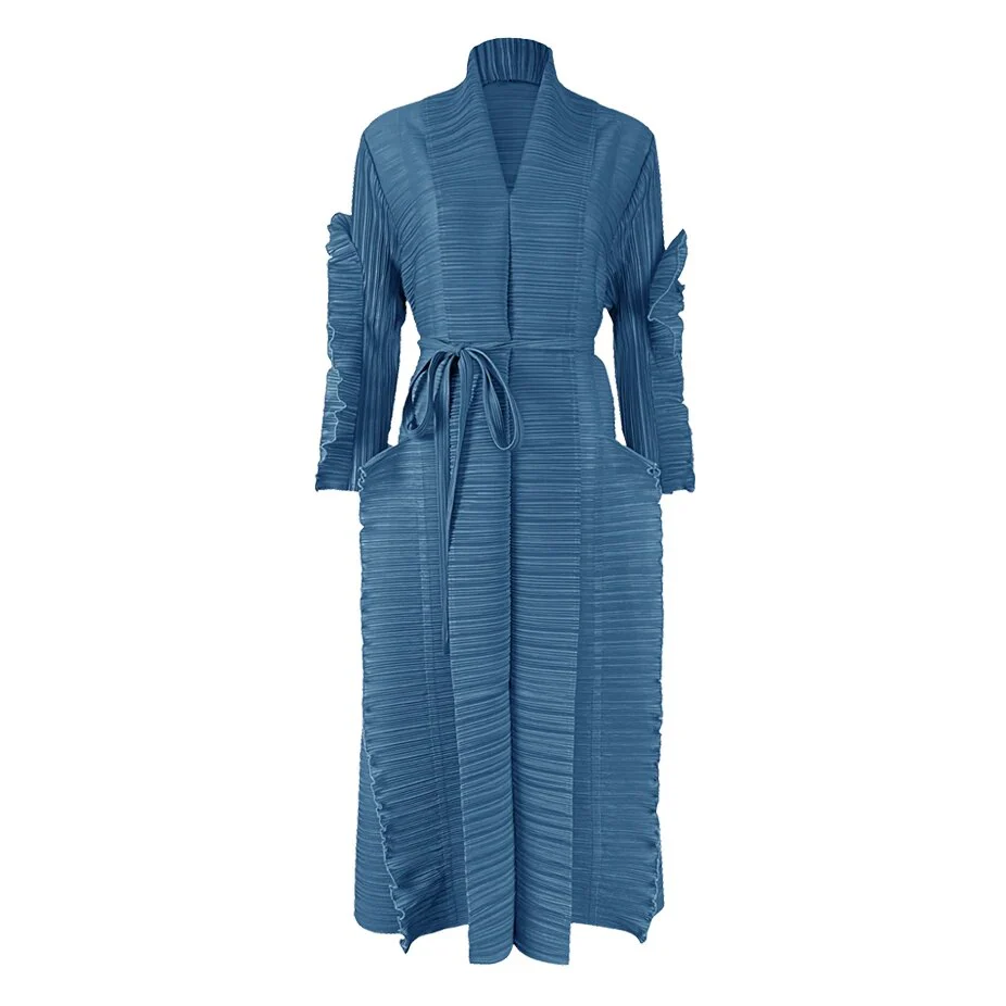 Miyake Pleated Petal Sleeve Dress Lapel Cardigan Sashes High Fashion Loose Long Dresses Fall 2022 Winter Women Designer Clothes - Image 8