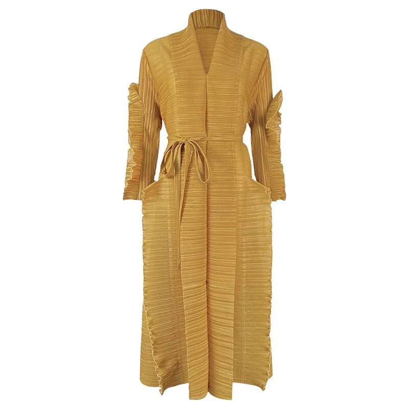 Miyake Pleated Petal Sleeve Dress Lapel Cardigan Sashes High Fashion Loose Long Dresses Fall 2022 Winter Women Designer Clothes - Image 9
