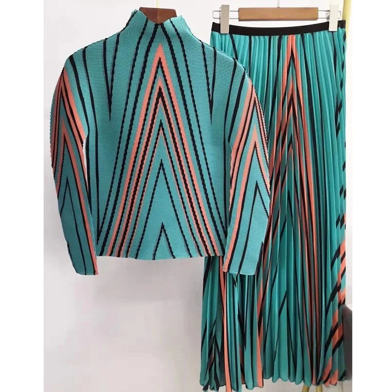 Miyake Pleated Suit Women's 2023 Spring Summer New Fashion Printing All-match Large Free Size Slim Top&Skirt 2 Pcs Set - Image 13