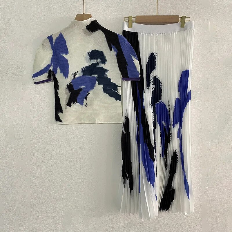 Miyake Pleated Suit Women's 2023 Spring Summer New Fashion Printing All-match Large Free Size Slim Top&Skirt 2 Pcs Set - Image 17