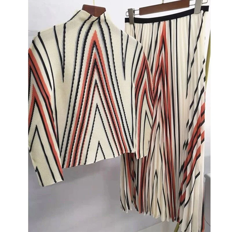 Miyake Pleated Suit Women's 2023 Spring Summer New Fashion Printing All-match Large Free Size Slim Top&Skirt 2 Pcs Set - Image 19