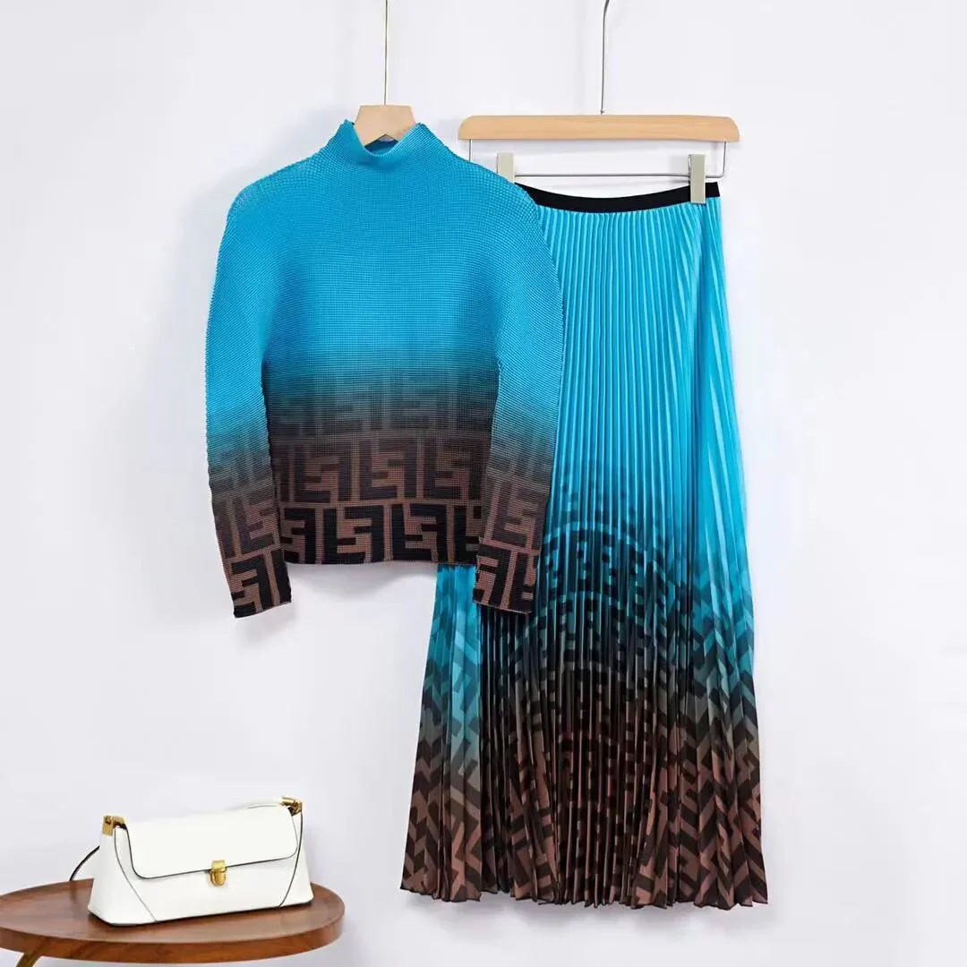 Miyake Pleated Suit Women's 2023 Spring Summer New Fashion Printing All-match Large Free Size Slim Top&Skirt 2 Pcs Set - Image 23
