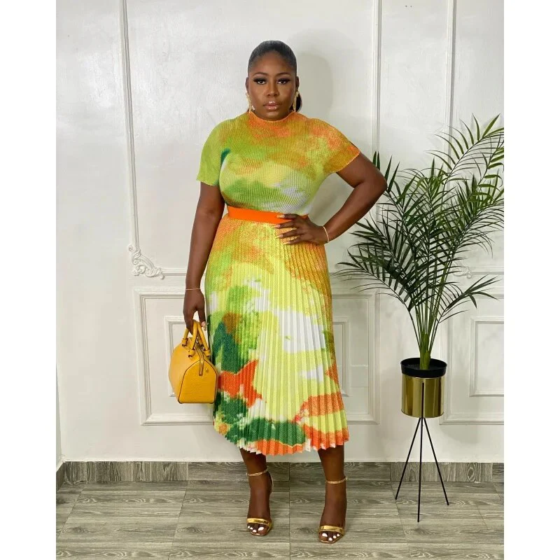 Miyake Pleated Suit Women's 2023 Spring Summer New Fashion Printing All-match Large Free Size Slim Top&Skirt 2 Pcs Set - Image 5
