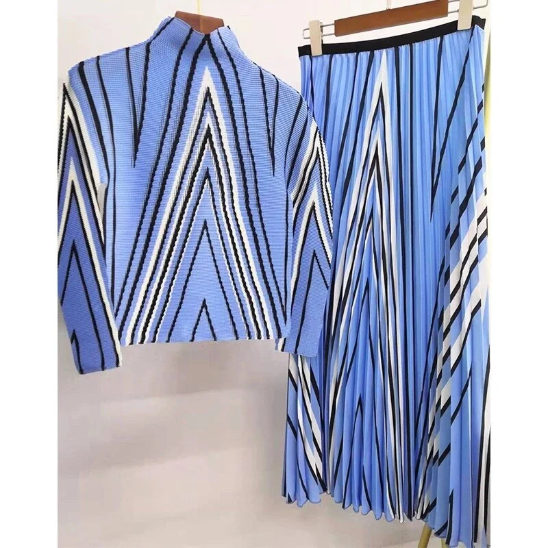 Miyake Pleated Suit Women's 2023 Spring Summer New Fashion Printing All-match Large Free Size Slim Top&Skirt 2 Pcs Set - Image 9