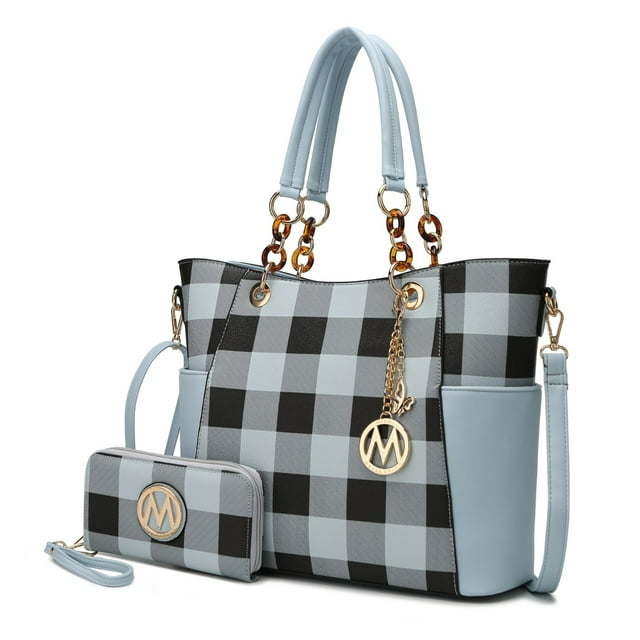 MKF Collection Women's Bonita Checkered Tote Bag and Wristlet Wallet Set with Decorative Keychain, 2-Piece, Red - Image 2