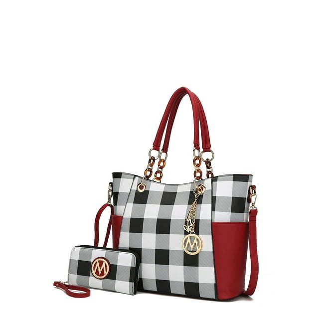 MKF Collection Women's Bonita Checkered Tote Bag and Wristlet Wallet Set with Decorative Keychain, 2-Piece, Red - Image 3