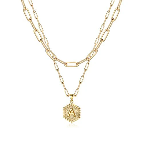 MMOOHAM Dainty Gold Initial Hexagon Necklace - Layered Choker for Women and Teen Girls