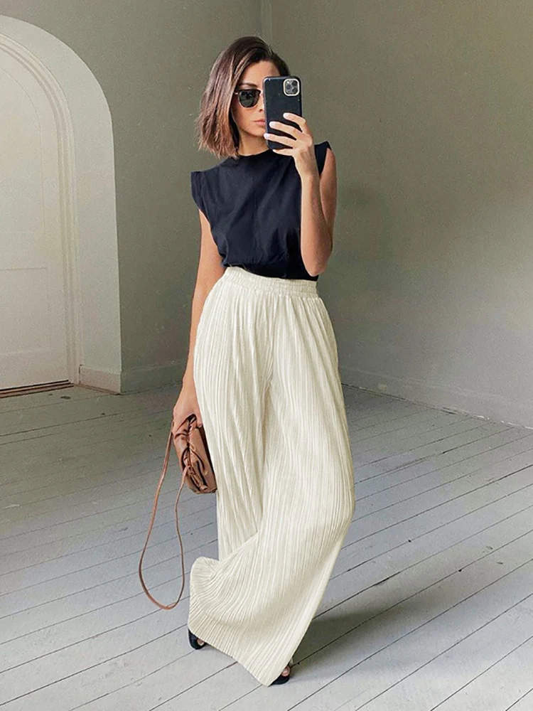 Sexy 18 Beige Pleated Wide Leg Pants Womens Pants Loose Trousers Officet Long Palazzo Pants - Image 21