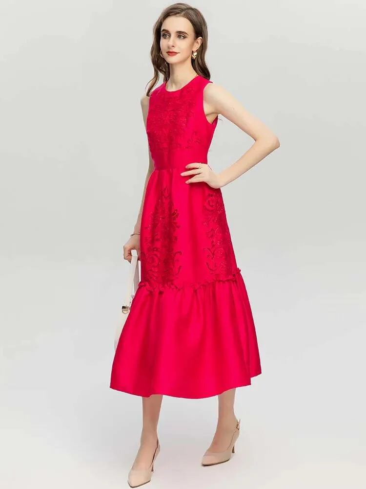 MoaaYina Fashion Designer dress Autumn Winter Women Dress Sleeveless High waist Hollow Embroidery Red Party Dresses - Image 4