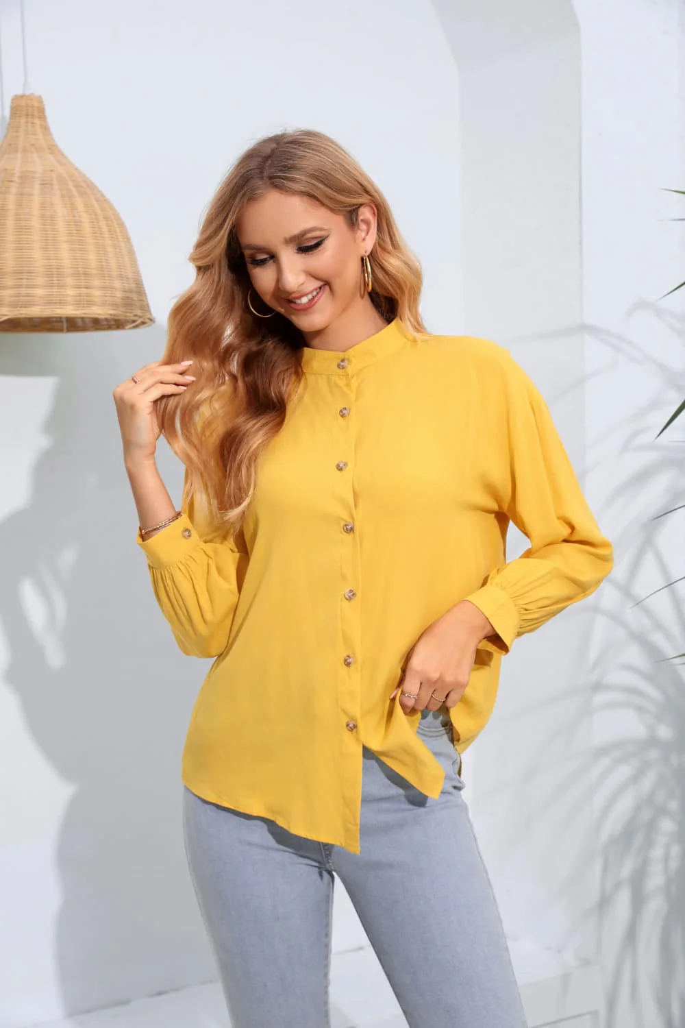 Mock Neck Buttoned Long Sleeve Shirt - Image 10