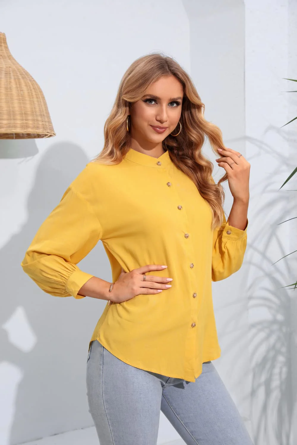 Mock Neck Buttoned Long Sleeve Shirt - Image 11