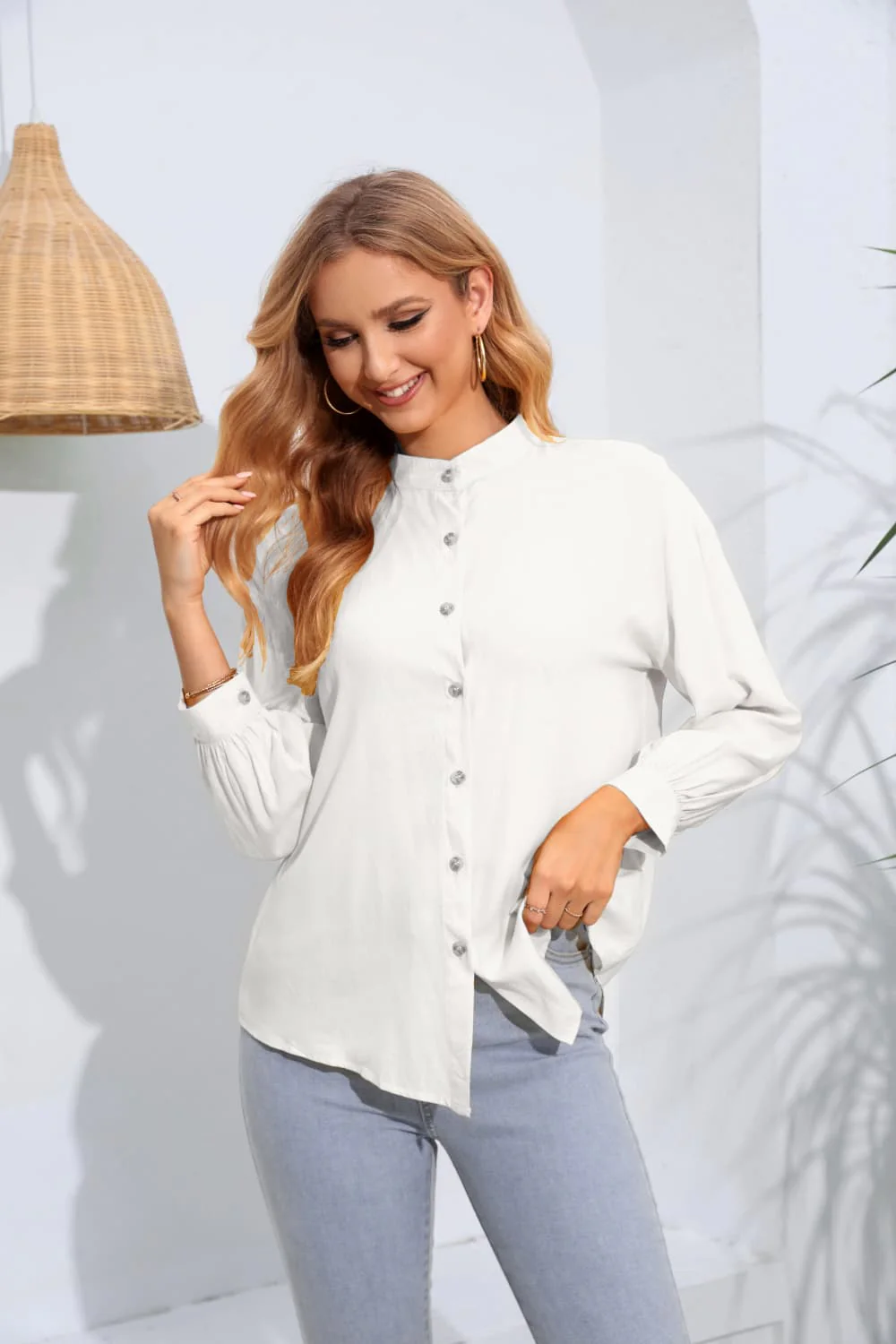 Mock Neck Buttoned Long Sleeve Shirt - Image 4
