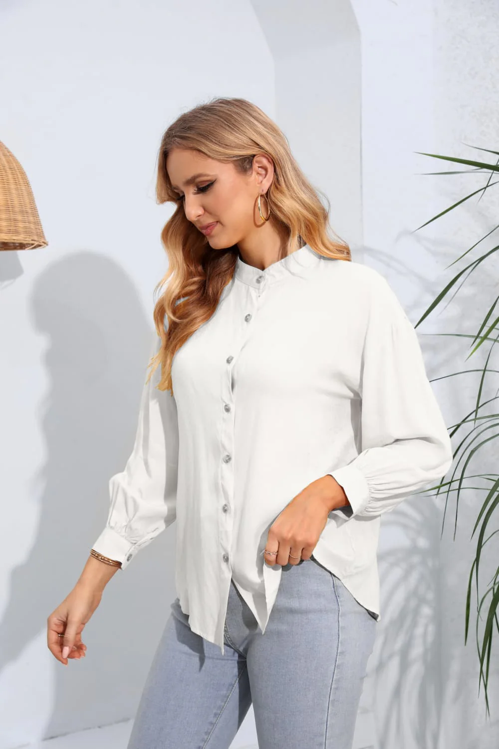 Mock Neck Buttoned Long Sleeve Shirt - Image 6