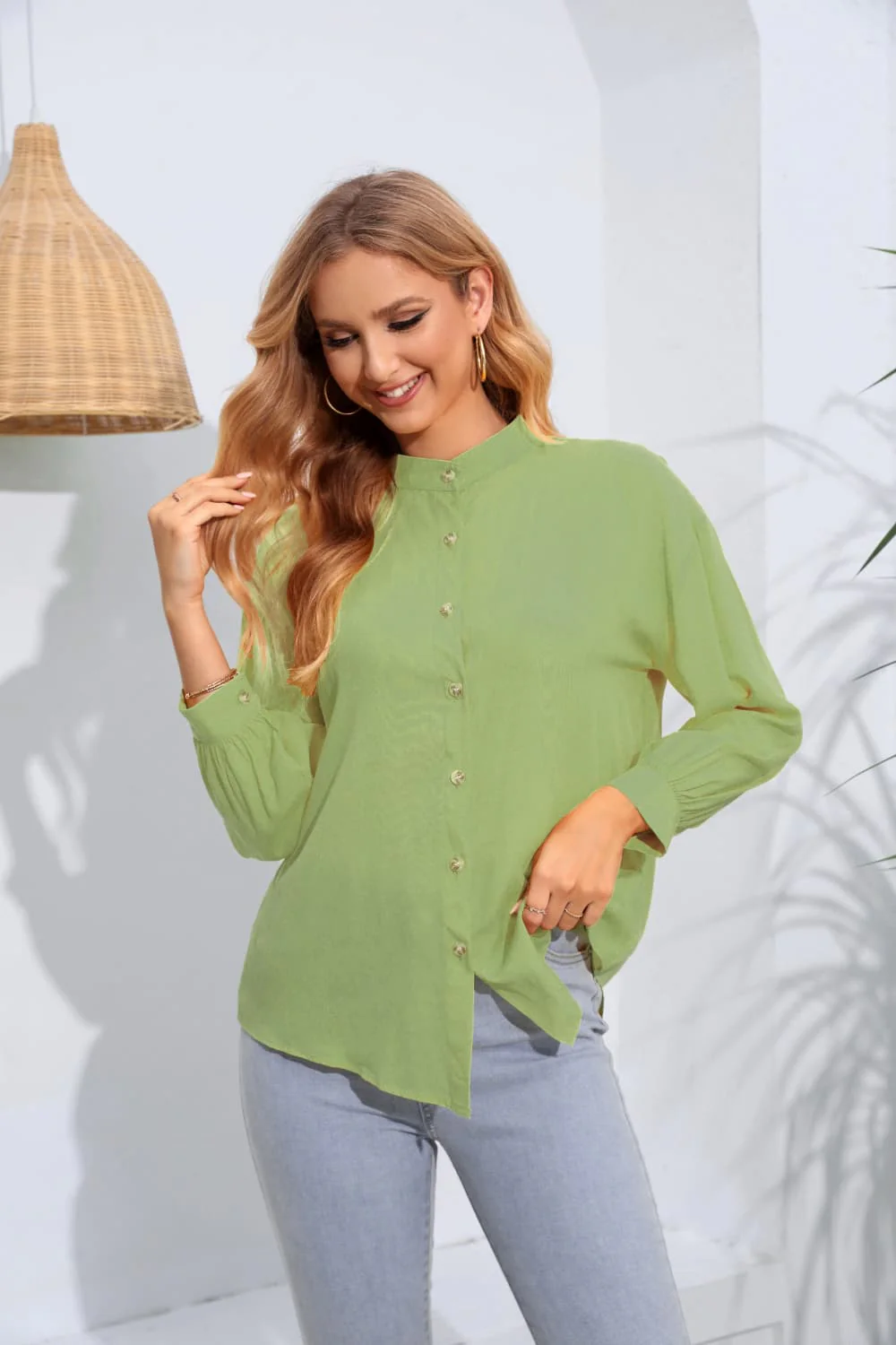 Mock Neck Buttoned Long Sleeve Shirt - Image 7