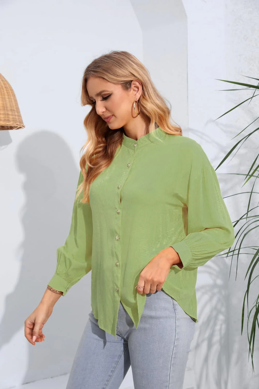 Mock Neck Buttoned Long Sleeve Shirt - Image 9