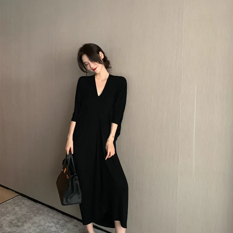 Modal V-neck Loose Slim Looking Paperman Dress - Image 2