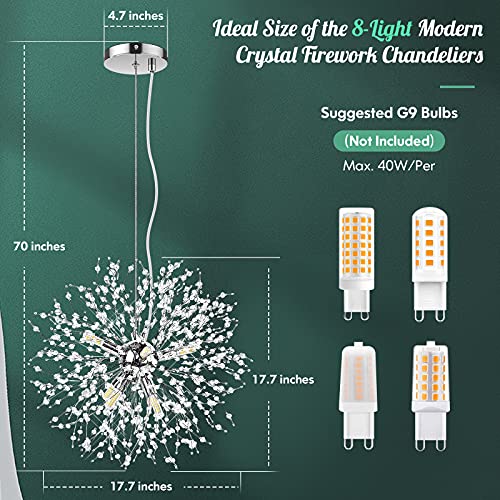 Modern Crystal Chandeliers Firework, Semi Flush Mount Ceiling Light Fixtures, 8-Light Chrome Dandelion Chandelier, Stainless Steel Pendant Light for Bedroom Foyer Hallway Entryway Kitchen, G9 Socket - Image 3