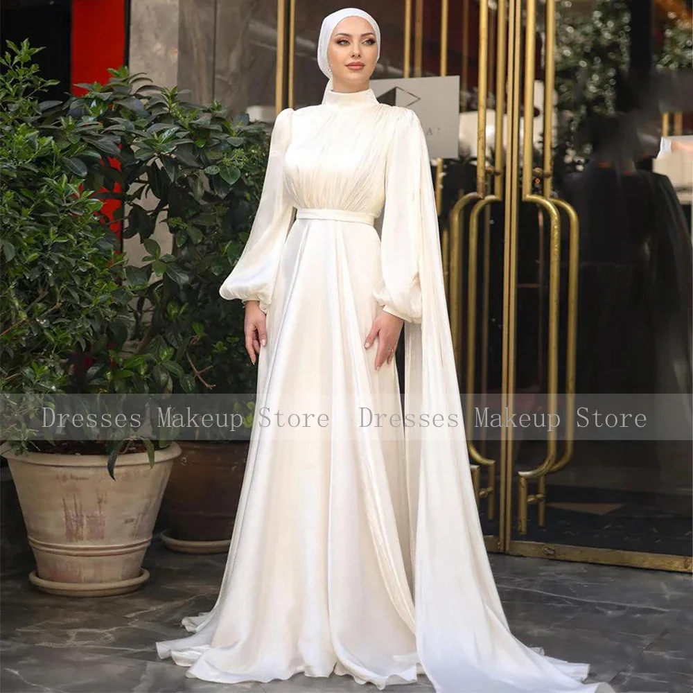 Modest Evening Dresses for Women 2025 High Collar Puffy Long Sleeves Evening Gowns Long Pleated A Line Saudi Arabian Formal Gown - Image 9