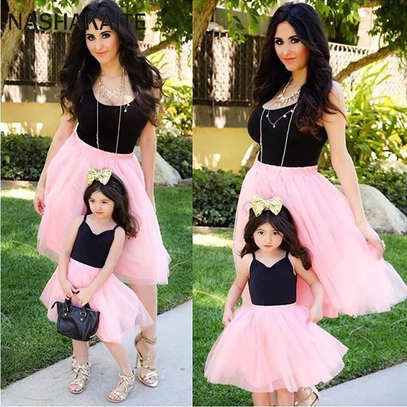 Mom and Daughter Dress Pink Patchwork Mesh Princess Dress Mother and daughter clothes Family Look Mother daughter dresses - Image 2