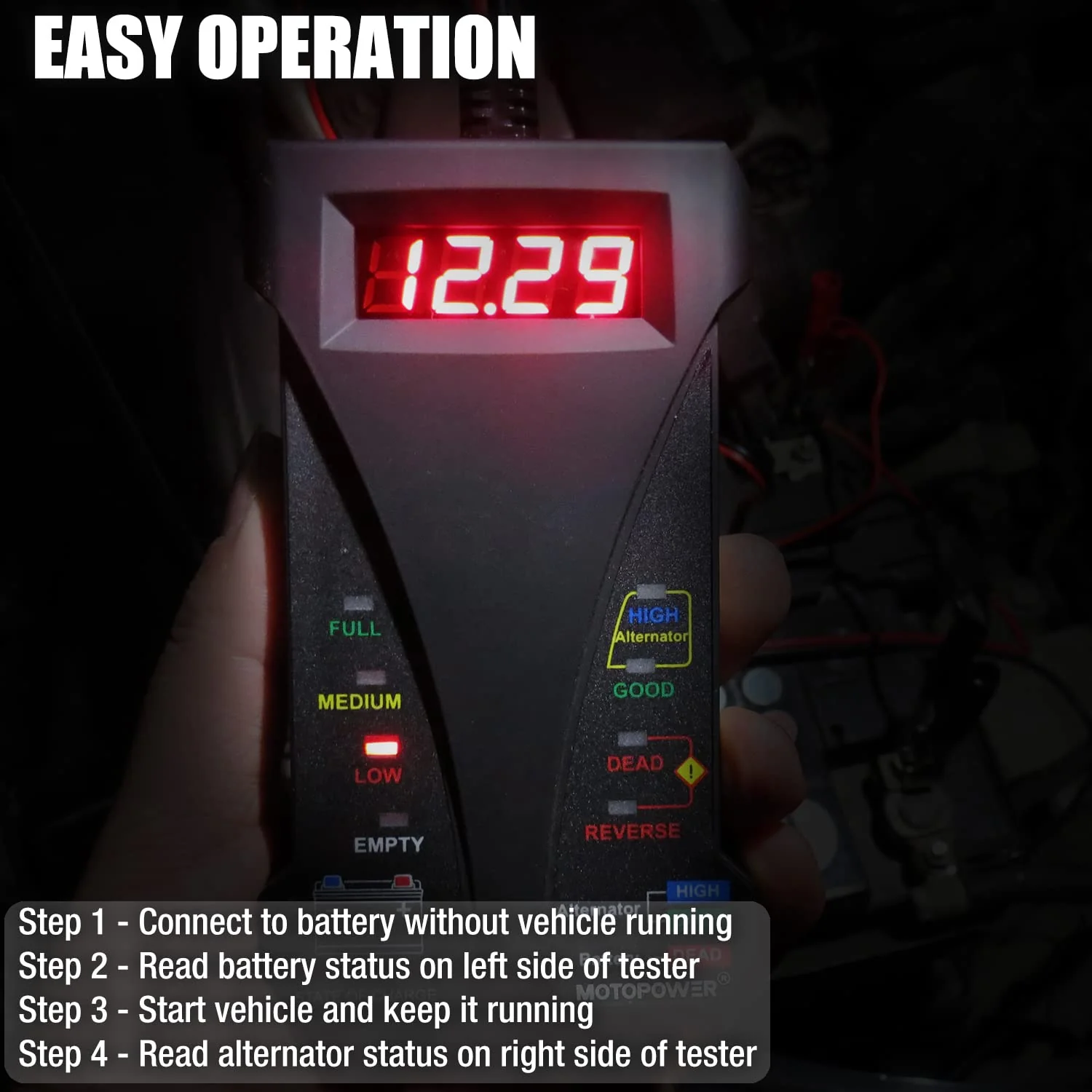 MOTOPOWER MP0514A 12V Digital Car Battery Tester Voltmeter and Charging System Analyzer with LCD Display and LED Indication - Black Rubber Paint - Image 2