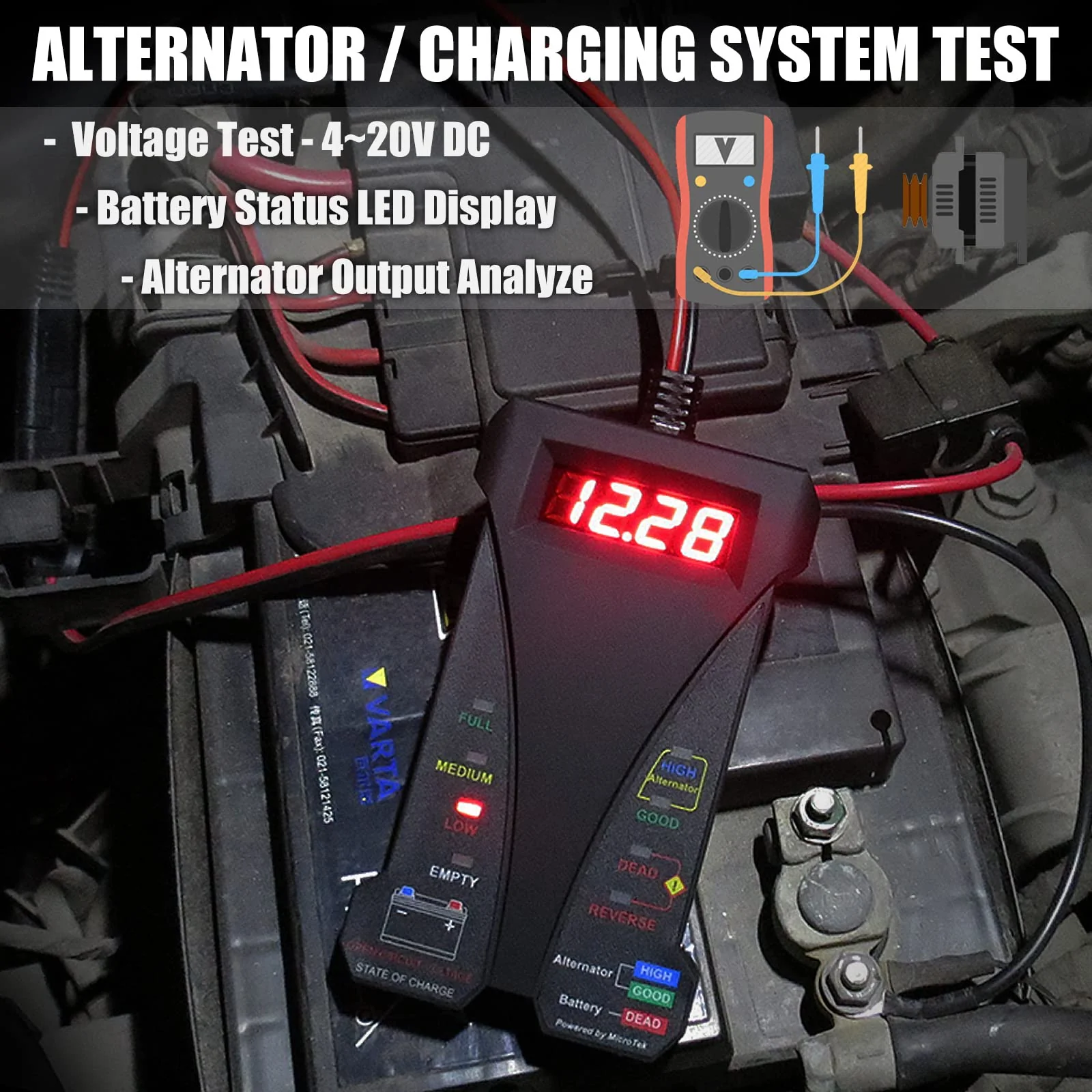 MOTOPOWER MP0514A 12V Digital Car Battery Tester Voltmeter and Charging System Analyzer with LCD Display and LED Indication - Black Rubber Paint - Image 3