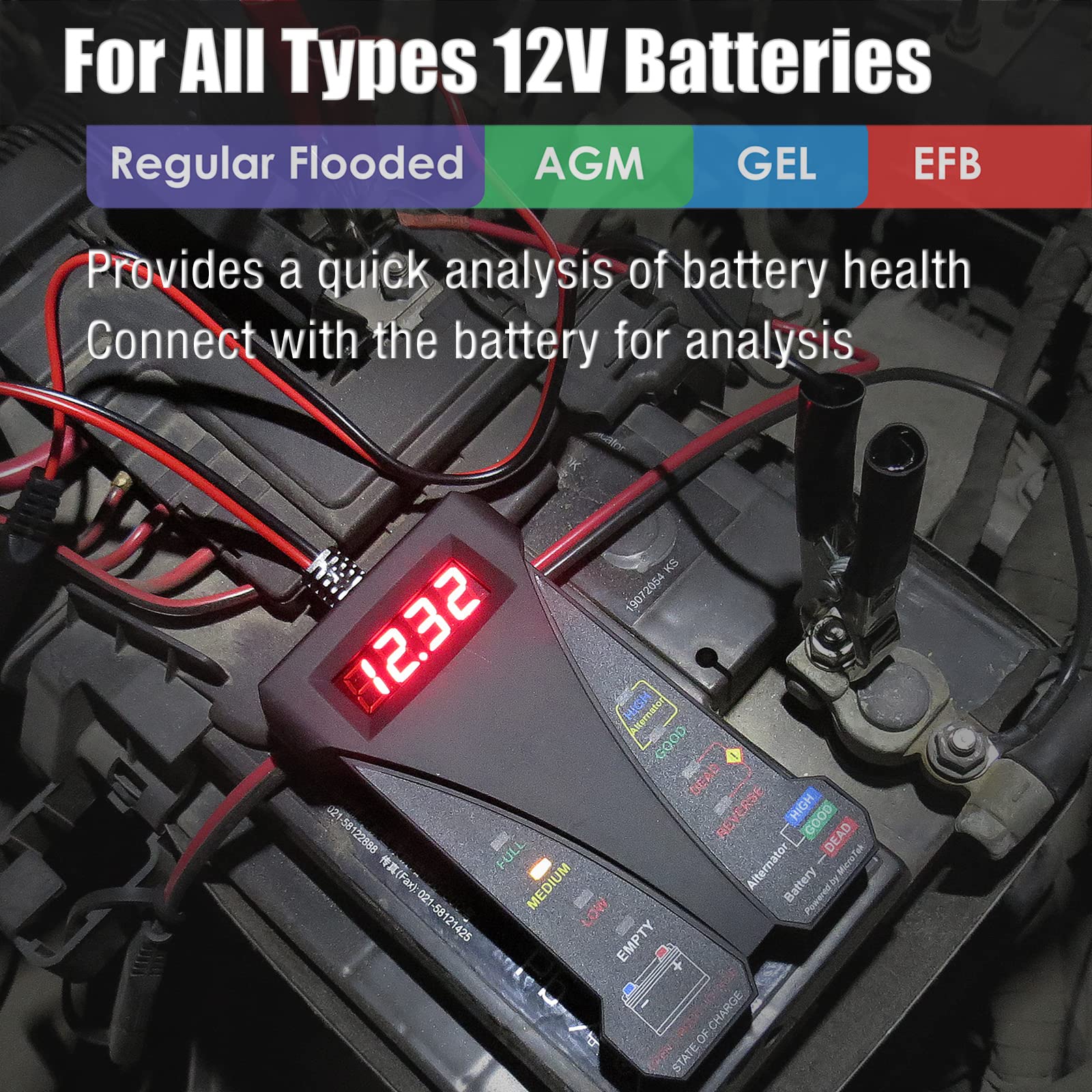 MOTOPOWER MP0514A 12V Digital Car Battery Tester Voltmeter and Charging System Analyzer with LCD Display and LED Indication - Black Rubber Paint - Image 4