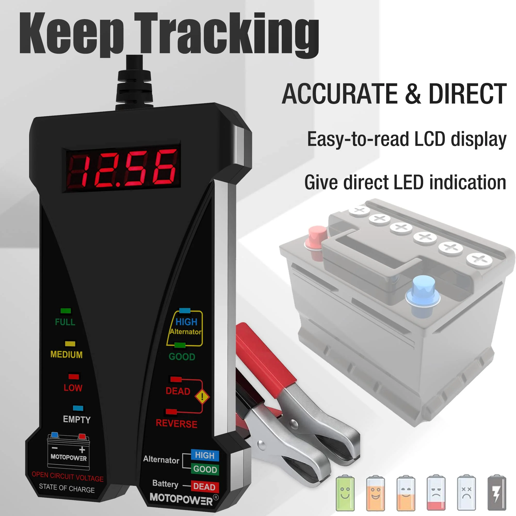 MOTOPOWER MP0514A 12V Digital Car Battery Tester Voltmeter and Charging System Analyzer with LCD Display and LED Indication - Black Rubber Paint - Image 5