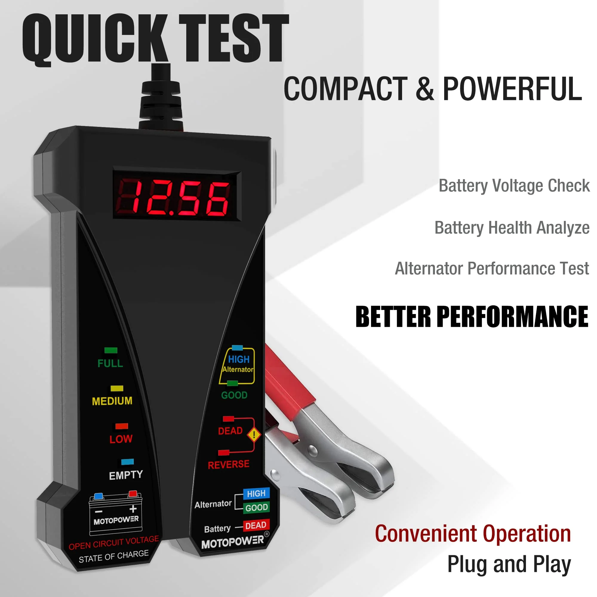 MOTOPOWER MP0514A 12V Digital Car Battery Tester Voltmeter and Charging System Analyzer with LCD Display and LED Indication - Black Rubber Paint - Image 6