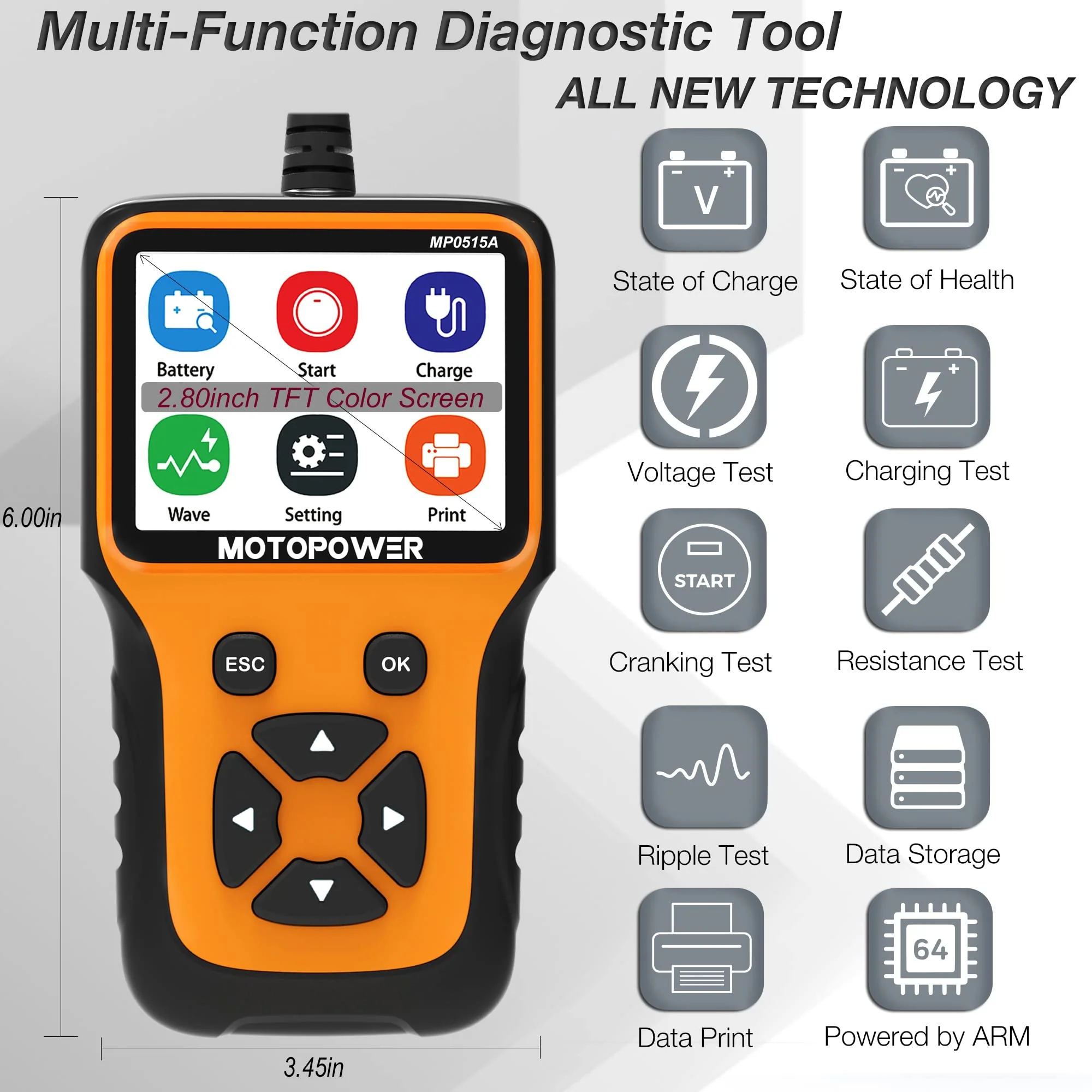 MOTOPOWER MP0515A 12V Car Battery Tester Automotive 100-2000 CCA Battery Load Tester Auto Cranking and Charging System Test Scan Tool Digital Battery Alternator Analyzer - Image 8