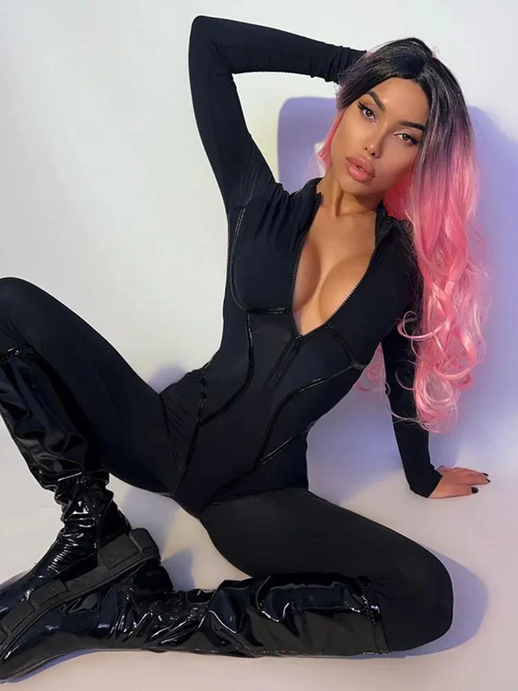 Mozision Black Sexy Skinny Jumpsuit Women Overalls O Neck Full Sleeve Zipper Sporty Jumpsuits Ladies Fashion Rompers Streetwear - Image 3