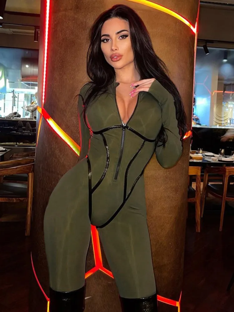 Mozision Black Sexy Skinny Jumpsuit Women Overalls O Neck Full Sleeve Zipper Sporty Jumpsuits Ladies Fashion Rompers Streetwear - Image 6