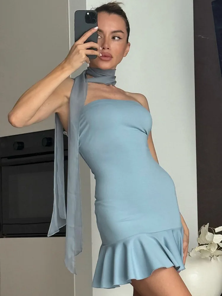 Mozision Halter Off-shoulder Strapless Sexy Mini Dress Women Fashion Scarf Collar Backless Sleeveless Ruffle Club Party Dresses - Image 6