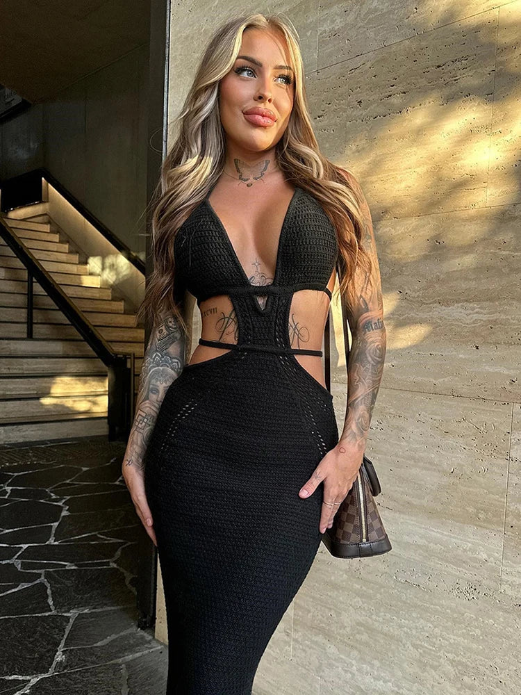 Mozision Hollow Out Halter Sexy Mini Dress Women Summer New Sleeveless Backless Skinny Club Party Knit Tank Dress Vestido - Image 10