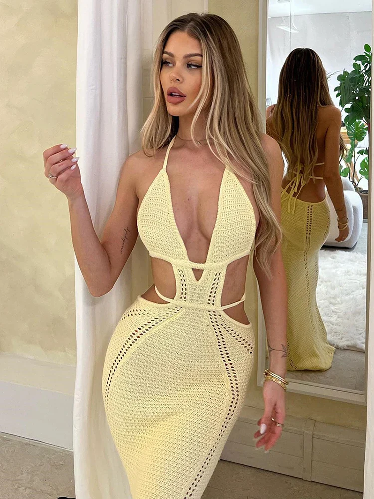 Mozision Hollow Out Halter Sexy Mini Dress Women Summer New Sleeveless Backless Skinny Club Party Knit Tank Dress Vestido - Image 12