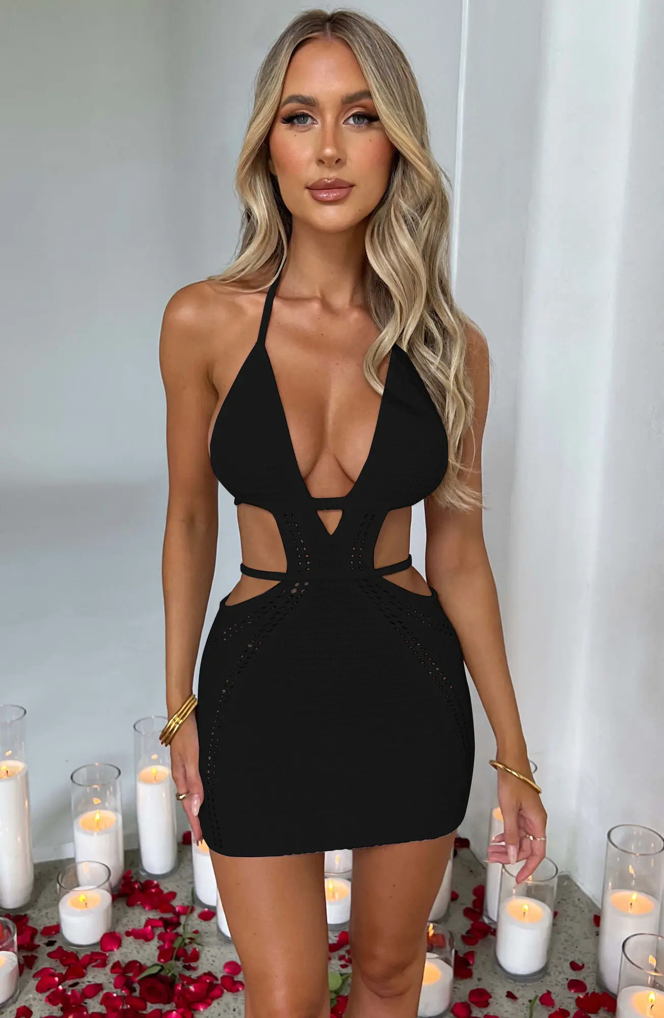 Mozision Hollow Out Halter Sexy Mini Dress Women Summer New Sleeveless Backless Skinny Club Party Knit Tank Dress Vestido - Image 7
