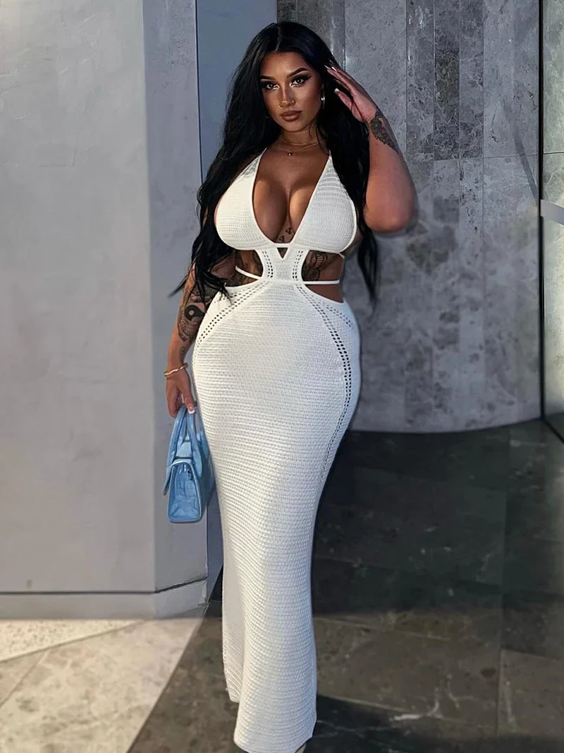 Mozision Hollow Out Halter Sexy Mini Dress Women Summer New Sleeveless Backless Skinny Club Party Knit Tank Dress Vestido - Image 8