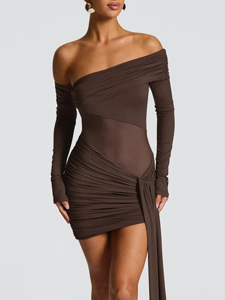 Mozision Off-shoulder Long Sleeve Sexy Mini Dress Women Fashion See Through Strapless Backless Draped Ruched Club Party Dresses - Image 3