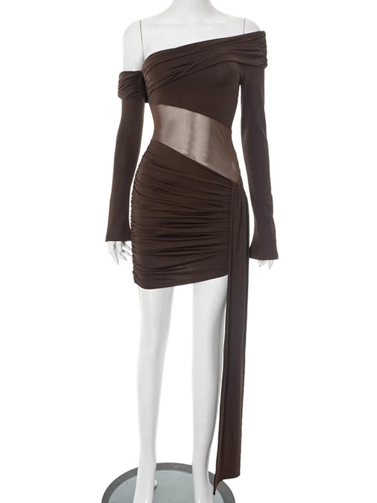 Mozision Off-shoulder Long Sleeve Sexy Mini Dress Women Fashion See Through Strapless Backless Draped Ruched Club Party Dresses - Image 6