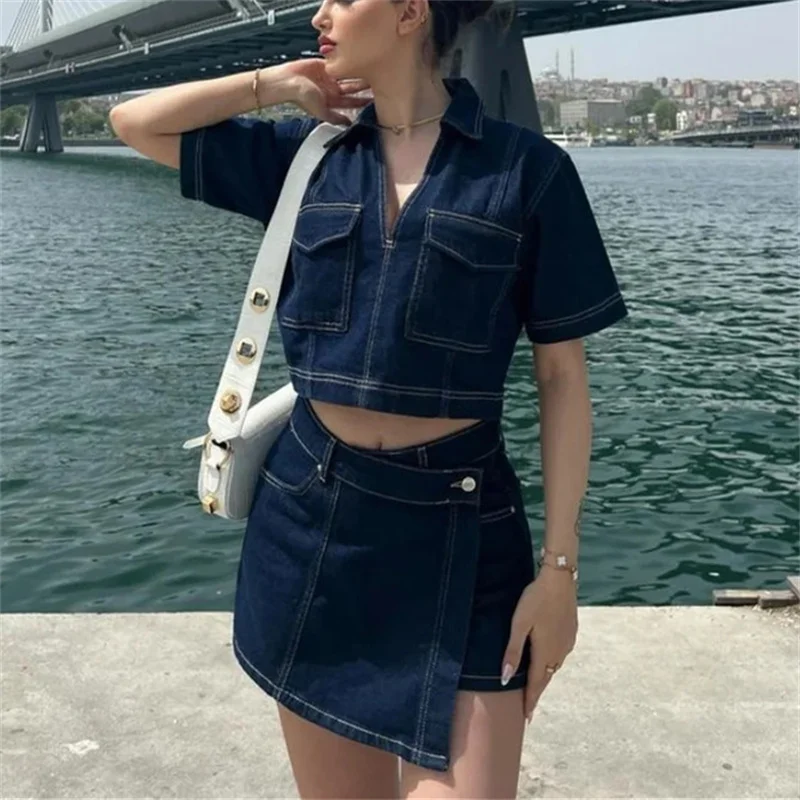 MUJER Blue Denim Shirt Woman Short Sleeve Cropped Shirt Women Summer Short Tops Woman Streetwear Y2k Stylish Women's Blouses - Image 2