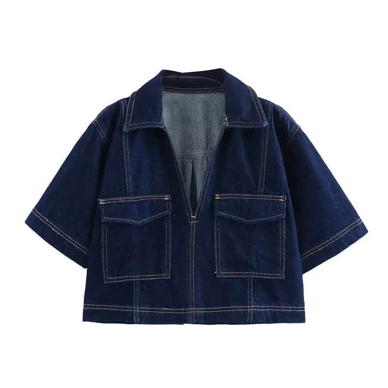 MUJER Blue Denim Shirt Woman Short Sleeve Cropped Shirt Women Summer Short Tops Woman Streetwear Y2k Stylish Women's Blouses - Image 6