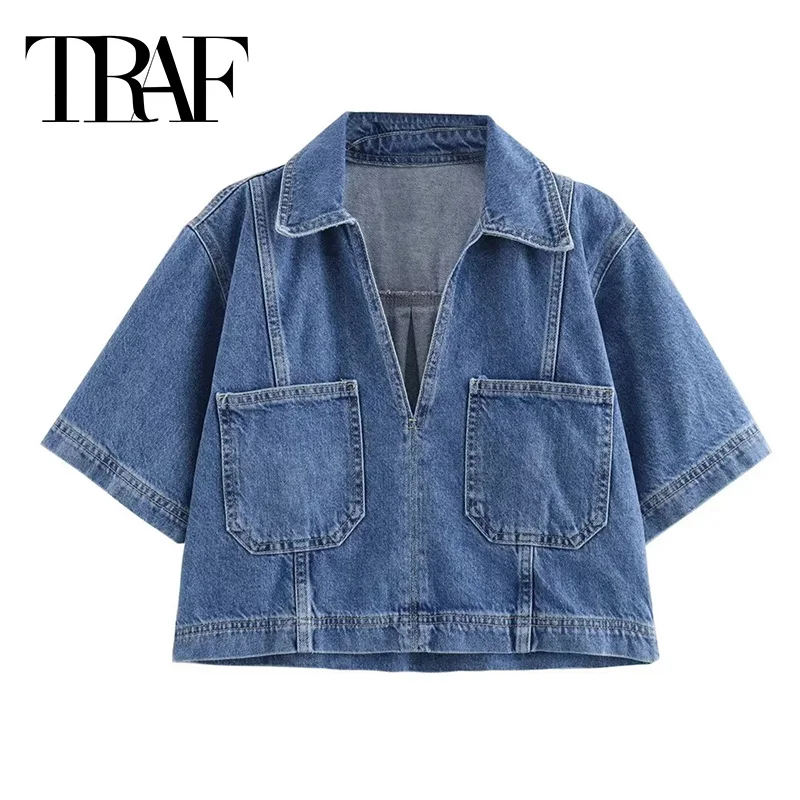 MUJER Blue Denim Shirt Woman Short Sleeve Cropped Shirt Women Summer Short Tops Woman Streetwear Y2k Stylish Women's Blouses - Image 7